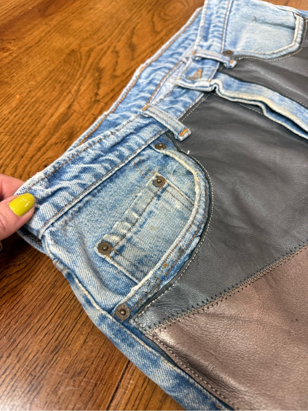 Vintage Leather Patchwork Skirt Upcycled Levi’s 501 Denim Jeans Size 12 - Picture 11 of 16